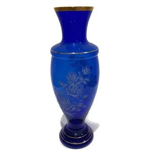 Vintage Fenton Gilded Cobalt Glass Mary Gregory Style Roses Motif Baluster Vase